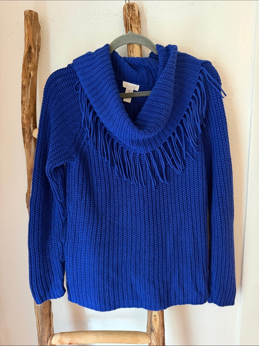 Chico's Royal Cobalt Blue Fringe Cowl Neck Cotton Blend Knit Sweater S/M 1